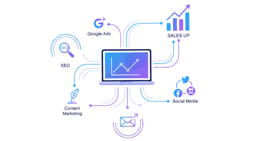 Digital marketing ecosystem diagram showing SEO, ads, and content working together